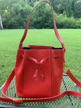 Divina Firenze Leather Red Drawstring Bucket Bag - Women's Crossbody